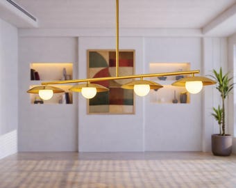 Mid Century Modern Linear Chandelier: 4 Milk Glass Globe Linear Pendant Light Fixtures