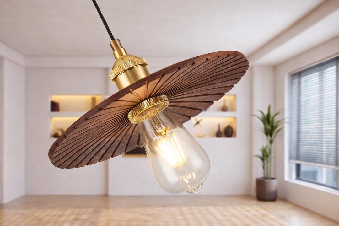 Wooden Disc Pendant Light | Modern Brass Hanging Light | Minimalist ...