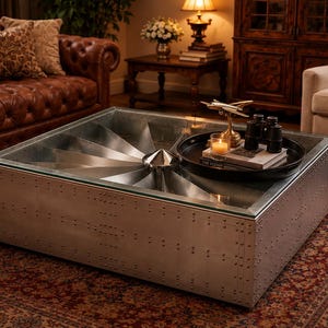 Puede incluir: Una mesa de centro de metal plateado con tapa de cristal y laterales remachados. La mesa tiene un diseño único con un cono central y paneles metálicos radiales. Una bandeja negra contiene objetos decorativos.