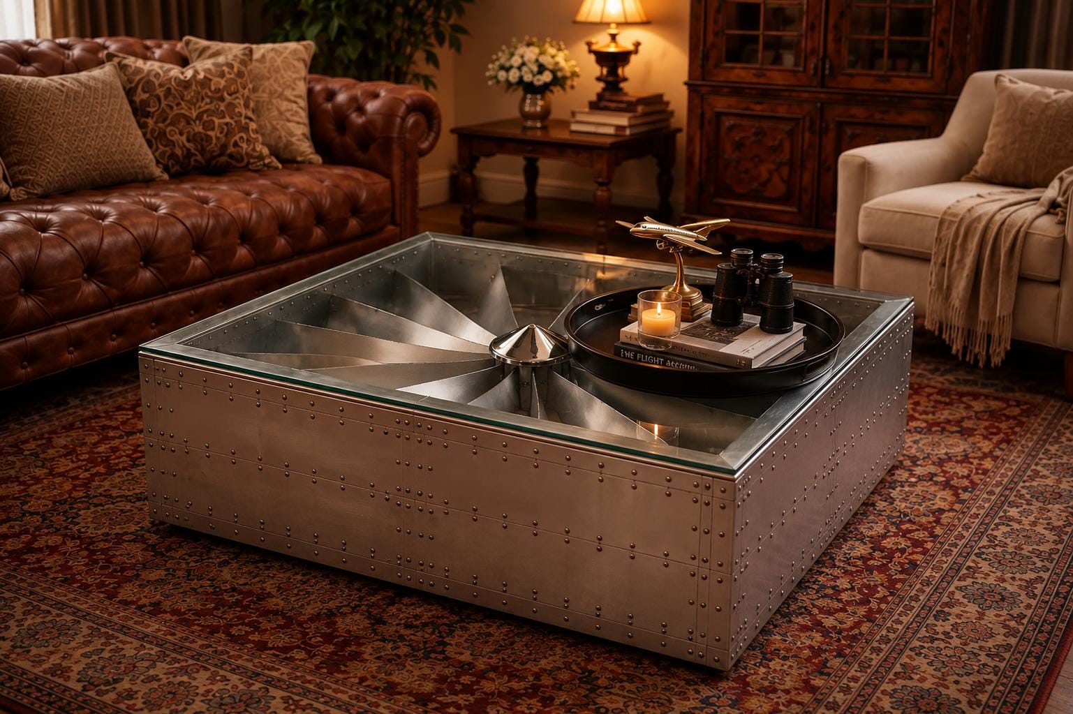 Aviator Round Coffee Table Jet Engine Turbine Center Table With Glass ...
