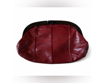 Vintage Burgundy Frame Clutch Leather Kiss Lock 80's Retro