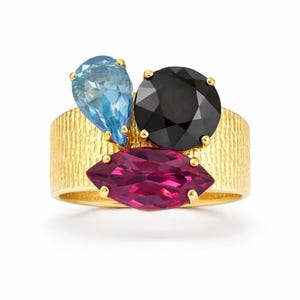 Anello cocktail vintage color oro con strass multicolore, taglia 7 regolabile