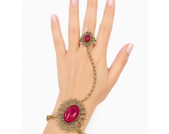 Vintage Gold Tone Slave Bracelet Ring Set Red Acrylic Cabochon Filigree Boho