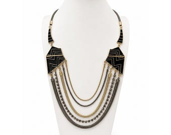 Jennifer Lopez JLO Statement Black Enamel Rhinestone Multi Strand Bib Necklace