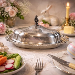 May include: A silver-plated butter dish with a domed lid and ornate rim sits on a white lace tablecloth. A small plate of butter, a lit candle, and a plate of vegetables are also on the table. The scene is set for a spring meal.