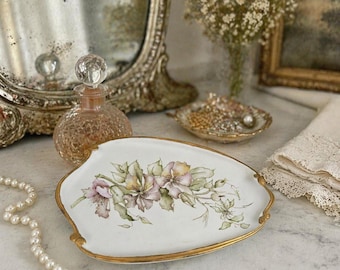 Vintage Jewelry Trinket Dish Gold Trim Floral tray