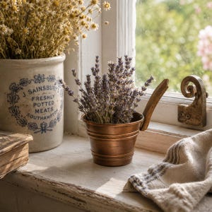 May include: A copper-colored metal bucket with a single handle containing dried lavender stems, positioned next to a cream-colored ceramic crock with blue text reading J. SAINSBURY'S FRESHLY POTTED MEATS SOUTHAMPTON and a stack of old books.