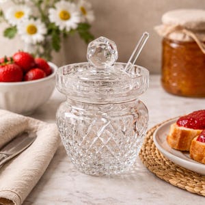 May include: A clear, cut-glass sugar bowl with a lid and a small spoon. The bowl has a diamond pattern and a faceted knob on the lid. Strawberries, flowers, and jam jars are in the background.