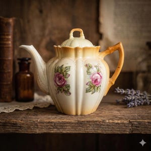May include: A vintage cream-colored teapot with a floral rose design. The teapot has a scalloped rim and handle with a matching lid. The roses are pink and green. The teapot is sitting on a wooden surface.
