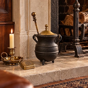 May include: A black cast iron cauldron with a brass lid and matching stirring rod, featuring three legs and two side handles. Beside it sits a brass candlestick with a white taper candle and a small, rectangular, engraved brass box.