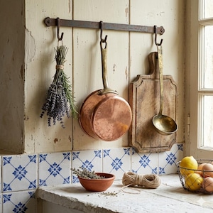 May include: A rustic kitchen scene features a copper saucepan, wooden cutting board, and brass ladle hanging from a metal bar. A bundle of lavender and rosemary hangs nearby. A small terracotta bowl and a coil of twine sit on the counter.