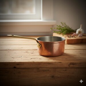 May include: A copper saucepan with a brass handle sits on a wooden surface. The interior of the pan is silver. The handle is attached to the pan with a brass rivet. The background includes a window and a wooden cutting board with herbs and garlic.