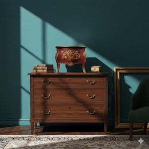 May include: A wooden dresser with three drawers and brass handles. A small, ornate red chest with gold accents sits on top, along with a stack of books and a small jewelry box. The scene is set against a teal wall with a patterned rug.