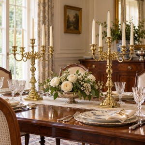 May include: Two polished brass five-arm candelabras holding white taper candles, positioned on a wooden dining table flanking a silver bowl filled with white roses, greenery, and small white flowers, set with crystal glassware and plates.
