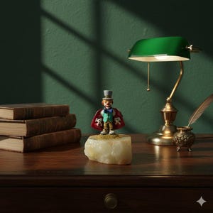 May include: A decorative figurine of a circus ringmaster wearing a red cape with white dog figures, a top hat, and a blue bow tie. The figurine is displayed on a light-colored stone base. A green desk lamp and antique books are in the background.