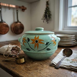 Vintage Hand Painted Stoneware Pottery Bean Pot Green Cookie Jar Farmhouse Kitchen Decor