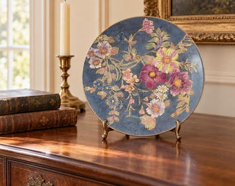 Assiette décorative vintage en porcelaine bleue à motif floral, style chinoiserie, décoration murale
