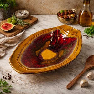 May include: An oval-shaped ceramic serving dish with a glossy finish. The dish features a rich color palette, with a golden-brown exterior and a vibrant interior of red, brown, and yellow hues. The dish is empty and ready to be filled.