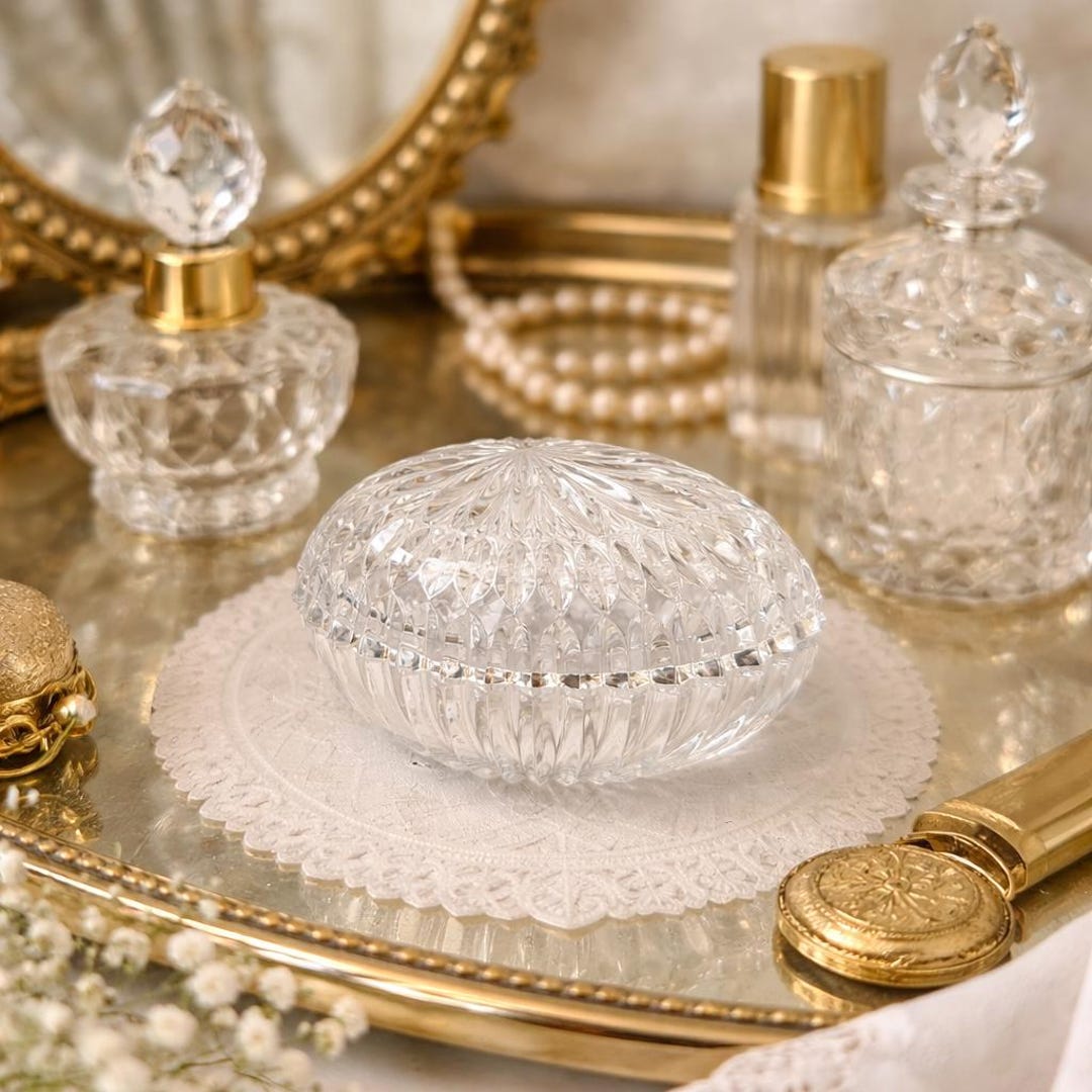 Vintage Gorham Crystal Trinket Dish Cut Glass Jewelry Box Small Vanity Ring Holder