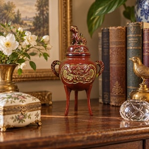 May include: A dark red ceramic incense burner with three legs, two side handles, and a lid topped with a small creature figurine. The body features a raised, textured relief pattern in a lighter green tone, showcasing intricate swirling designs.