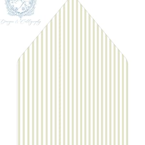 May include: An envelope with a light green and white striped pattern. The envelope is shaped like a house. The upper left corner has a light blue crest design with the words "Designs & Calligraphy".