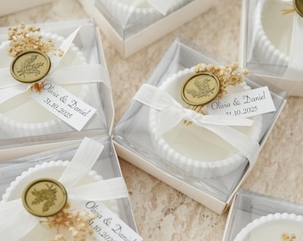Personalized Boxed Candle Wedding Favor, Dried Flowers, Gold Wax Seal