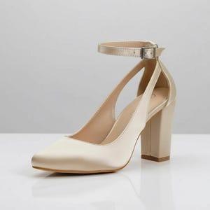 Cream Vegan Satin Bridal Heels, Block Heel Wedding Sandals, Ankle Strap Bridesmaid Shoes, Eco Friendly, Comfortable, Gift for Her