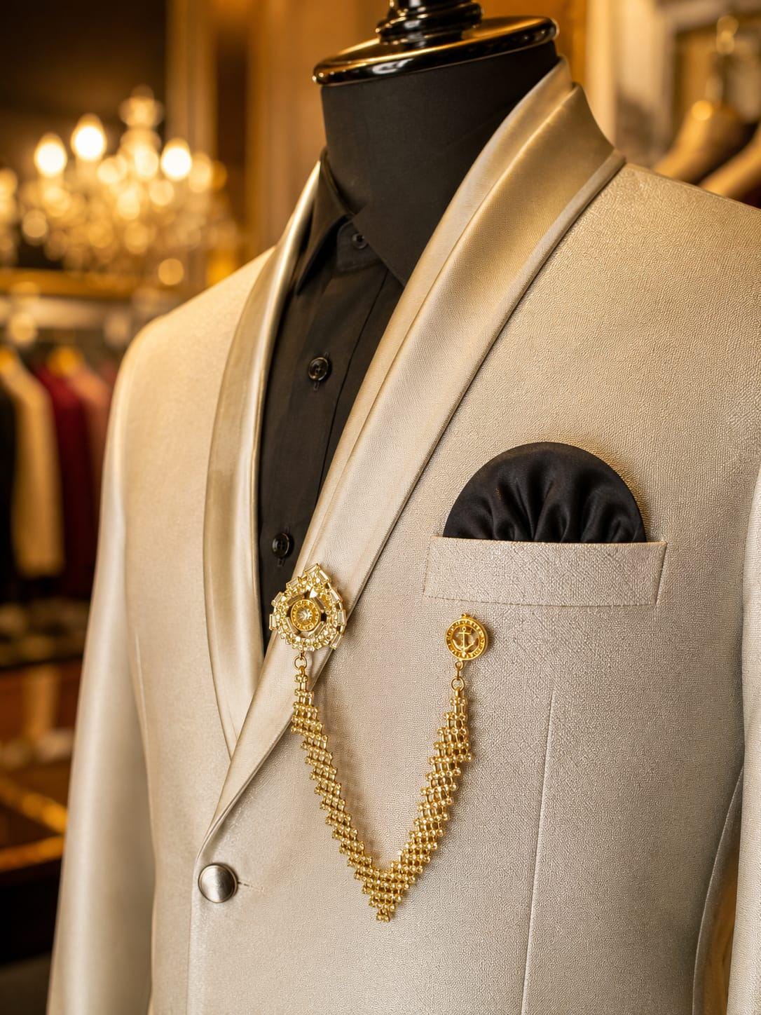 Men's Gold Floral Crystal Lapel Chain Brooch, Groom Wedding Suit Pin, Tuxedo Jewelry, Blazer Accessory, Luxury Formalwear
