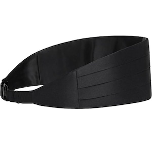 May include: A black cummerbund with a pleated front and adjustable clasp. The formal wear accessory is made of a smooth, satin-like material. The cummerbund is designed to be worn around the waist.