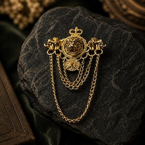 Royal Lion Sherwani Brooch for Men Gold Finish Chain Tassal Lapel Pin for Wedding & Ethnic Wear