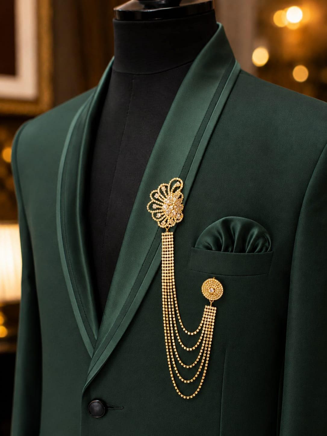 Men's Gold Floral Crystal Lapel Chain Brooch, Groom Wedding Suit Pin, Tuxedo Jewelry, Blazer Accessory, Luxury Formalwear