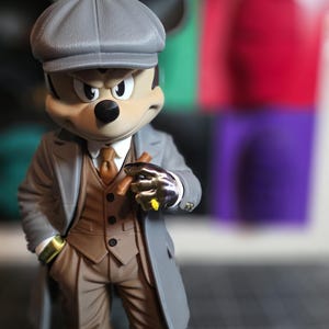 May include: A stylized figurine of a mouse character wearing a grey flat cap, a grey overcoat, and a tan three-piece suit with a brown tie. The character has a stern expression, holds a brown cigar in one hand, and wears a metallic glove with a yellow ring.