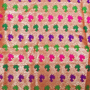 One yard of Indian sari Banarasi brocade in red and gold in a flower and vine pattern image 4