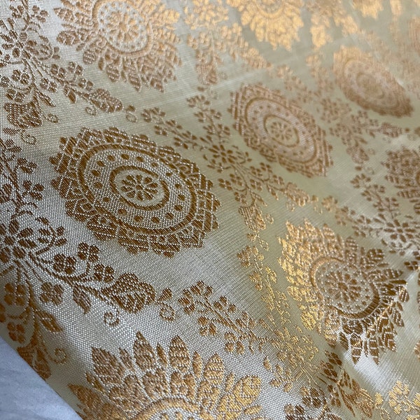 One yard of off white with Gold Brocade fabric/ benarasi brocade/Indian sari fabric/costume brocade/doll clothes fa