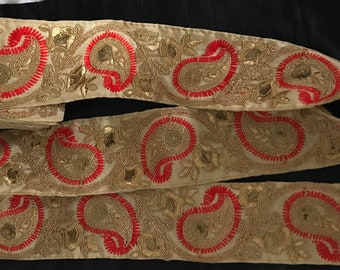 Two yards 3”/7.5 cms Embroidered silk Ribbon on beige dupioni silk with a red and gold paisley flower pattern/embellishment/Indian sari trim