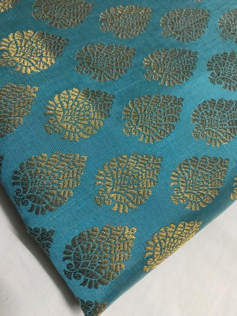 One yard of Indian brocade fabric in aqua blue and gold paisley brocade fabricBenarasi brocade costume fabric