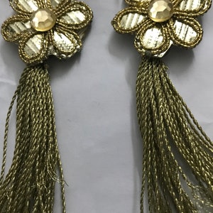Pair of flower appliques in dull gold with tassels ,embellishments,patch,diy crafts,sew on applique
