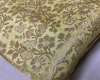 One yard  pastel lemon Indian Brocade Fabric in a floral pattern  by the Yard for DIY craft, drapery, upholstery, doll clothes, dress, sari