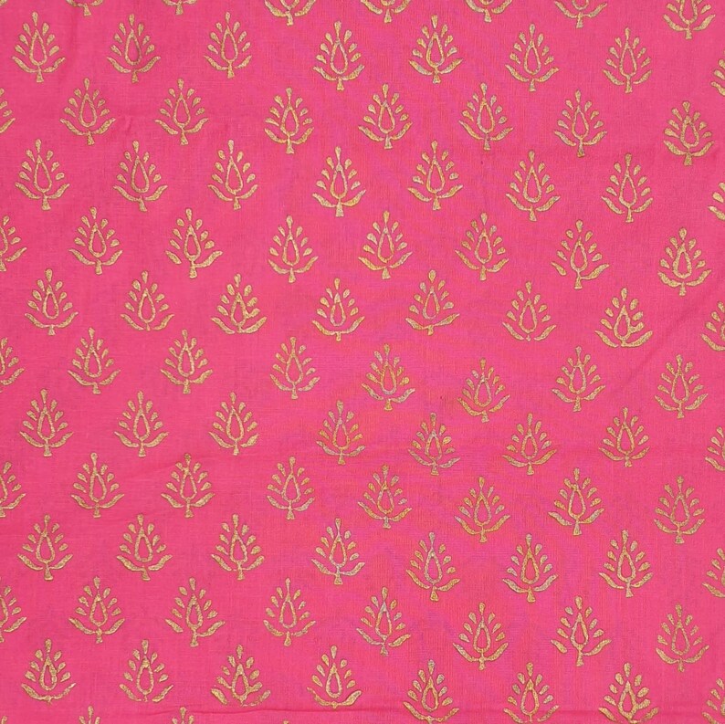 One yard of deep pink and gold block printed cotton fabric,cotton fabric for summer dresses,Indian cotton fabric