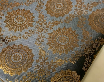 One yard of silver grey with Gold Brocade fabric/ benarasi brocade/Indian sari fabric/costume brocade/doll clothes fa