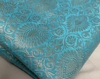 One yard turquoise blue with silver Indian Brocade Fabric in a regal paisley design, drapery, upholstery, dress, pillow cover, curtain