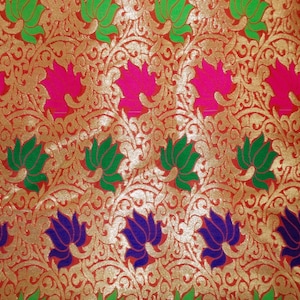 One yard of Indian sari Banarasi brocade in red and gold in a flower and vine pattern image 1