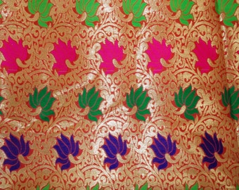 One yard  of Indian sari Banarasi brocade in red and gold in a flower and vine pattern