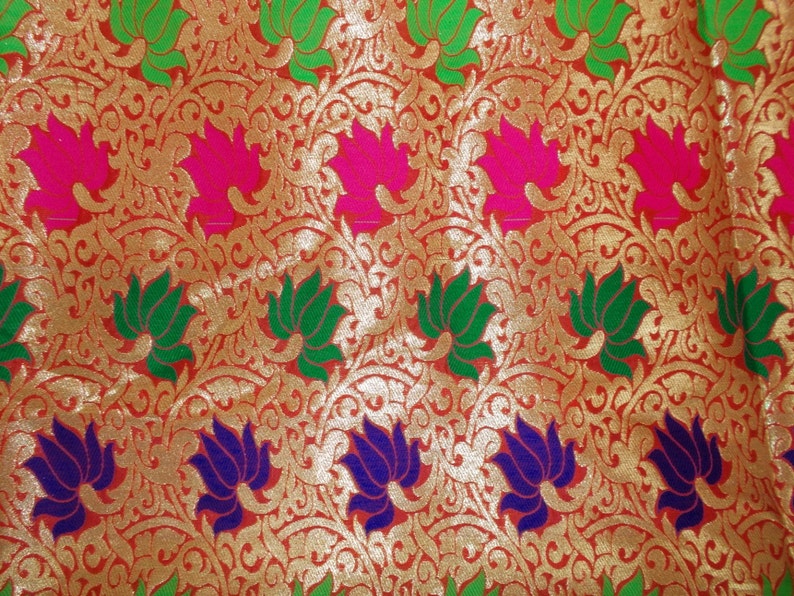 One yard of Indian sari Banarasi brocade in red and gold in a flower and vine pattern image 1