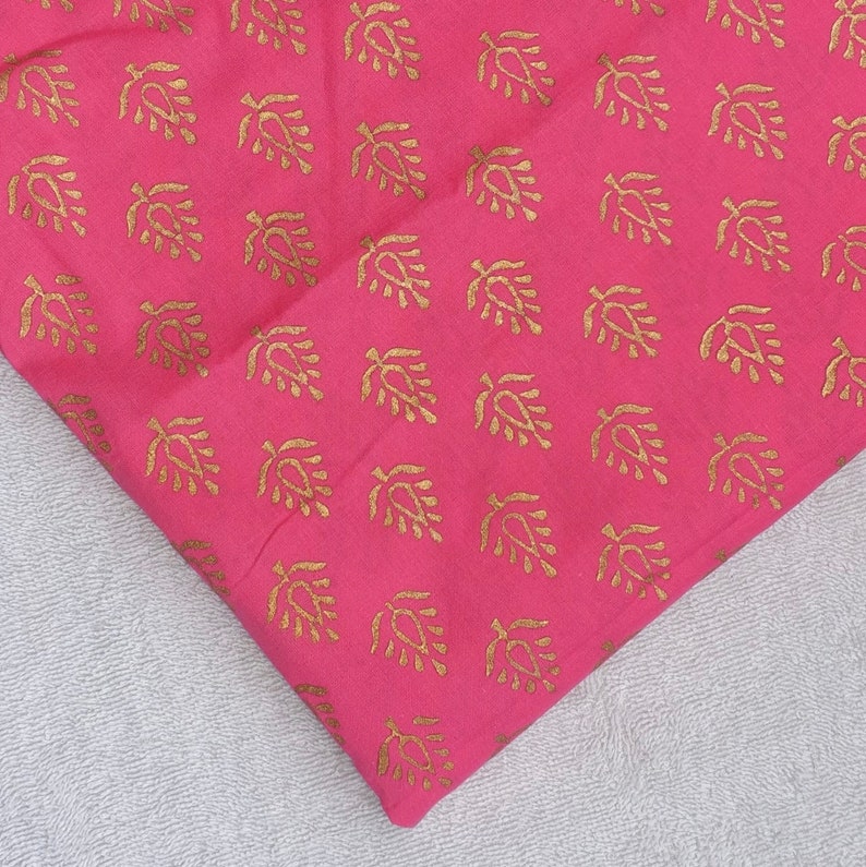 One yard of deep pink and gold block printed cotton fabric,cotton fabric for summer dresses,Indian cotton fabric