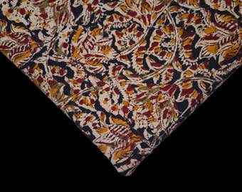 One meter Indian pure cotton Kalamkari fabric in Beige Mustard, black and red