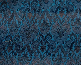 One yard teal blue Indian Brocade Fabric in a regal design DIY craft, drapery, upholstery, doll clothes, dress, sari, pillow cover, curtains