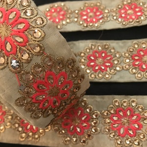 Two Yards 2”/5cms Indian decorative border on biege dupioni silk with a pink  and gold flower pattern with faux Swarovski crystals/ribbon