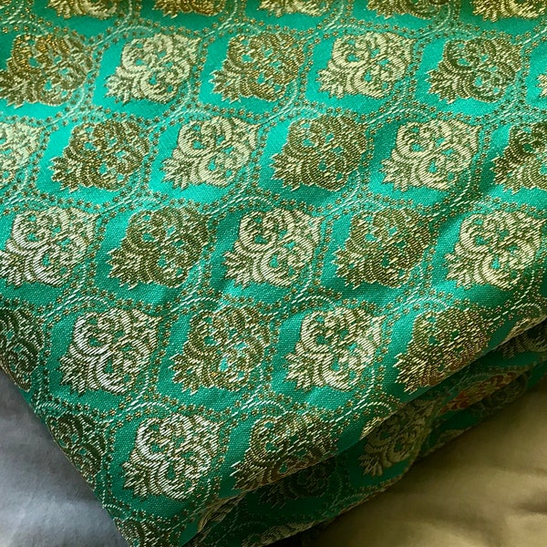 One yard of turquoise Green Indian brocade fabric in a regal design/Benarasi brocade/home accents,costume,doll clothes fabric