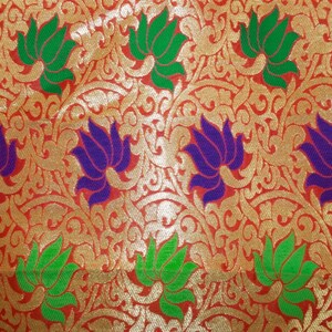 One yard of Indian sari Banarasi brocade in red and gold in a flower and vine pattern image 2